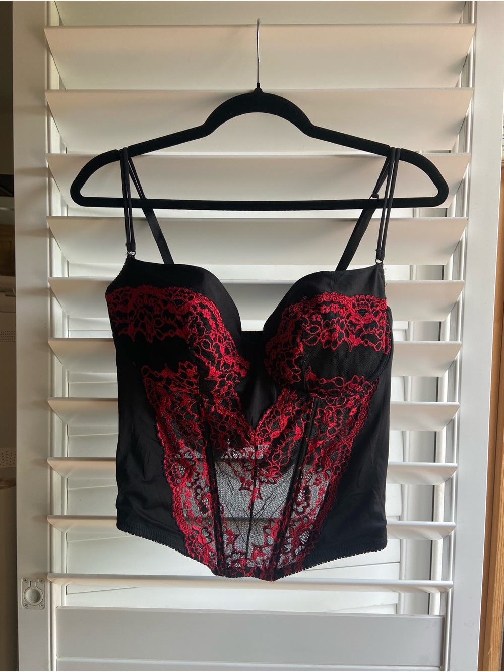 EVIE Black Bustier with Red Lace Overlay